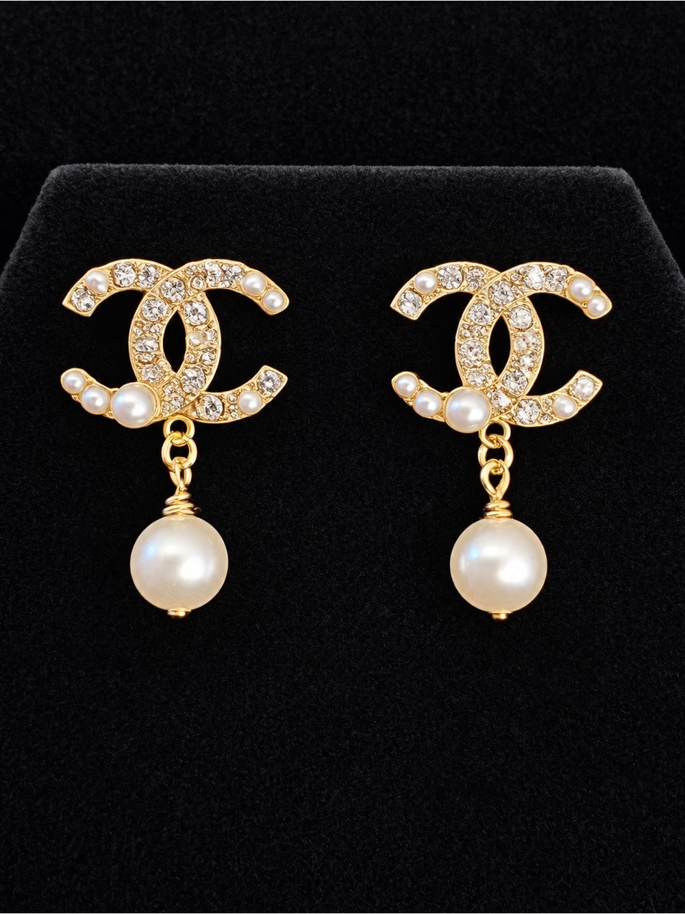 CHANEL Gold CC Rhinestone Earrings with White Pearl Drops